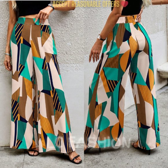 LC FASHION Pants - Flowy boho Pants, High Waist Floral Wide Leg Pants,  casual beach wide leg pants